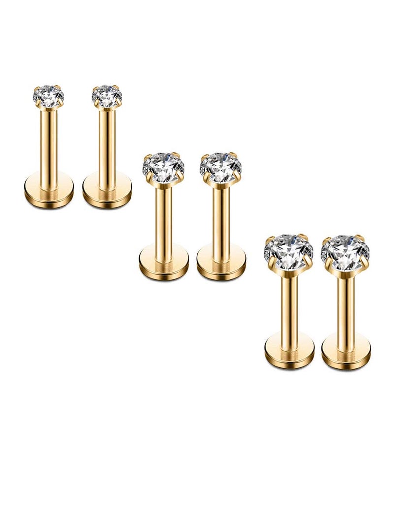 HQLA 16G Diamond CZ Lip Rings Labret Monroe Nose Tragus Helix Ear Piercing Jewelry Surgical Stainless Steel 2/3/4mm CZ 8mm Bar Length 3 Pairs Set (3 Pairs Gold - Bar:8mm; CZ:2-4mm) - Image 1